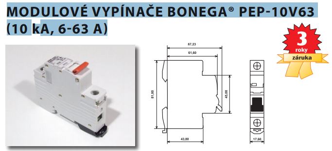 Vypínač třímodulový Bonega do 25A 3P+N 10kA PEP-10V63