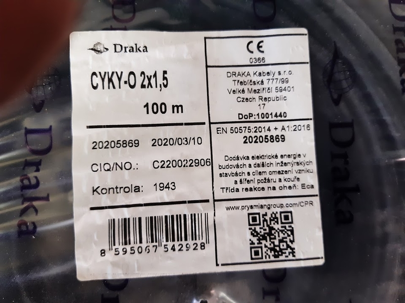 Kabel CYKY 2x1,5 (O) silový instalační Draka kabely